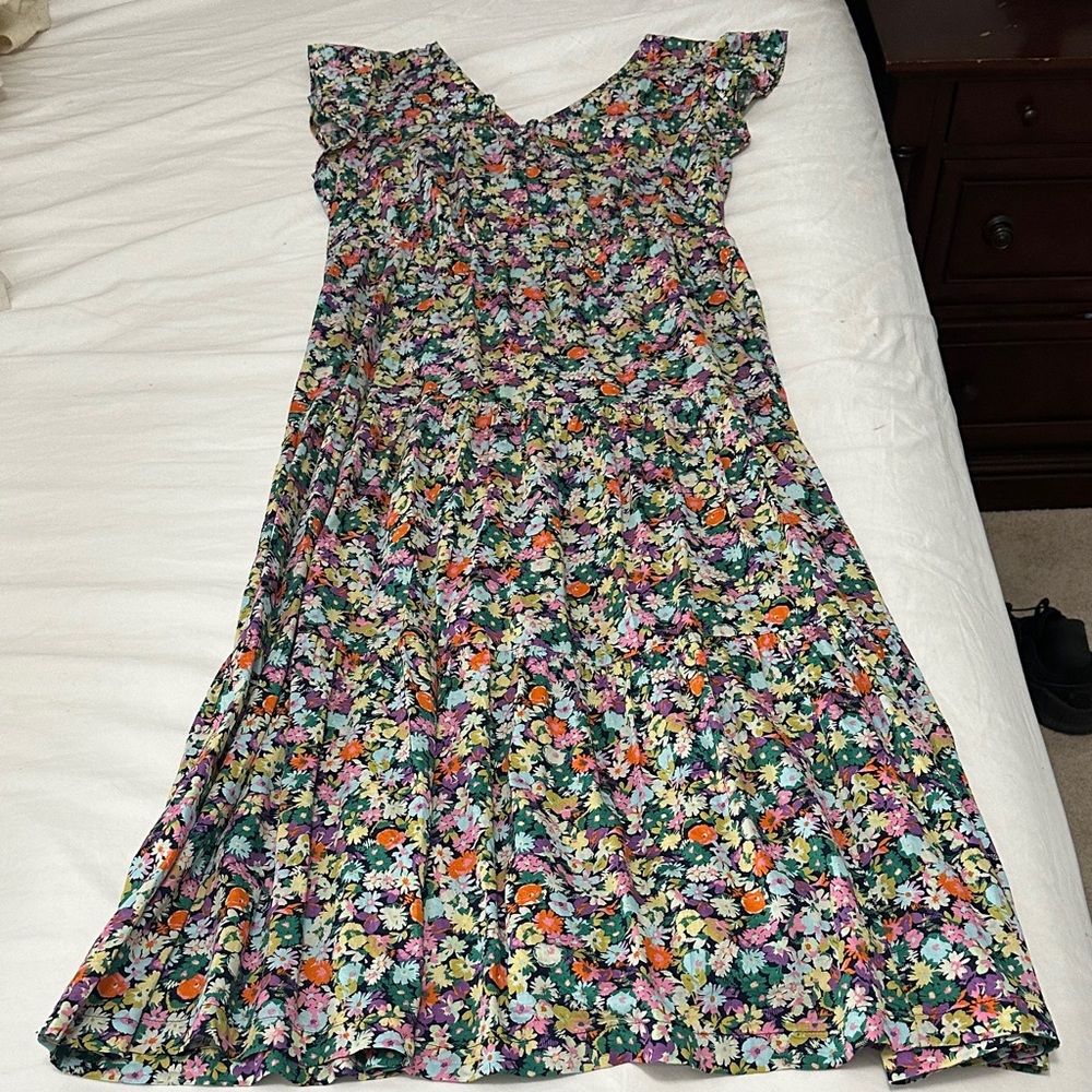 GAP Green Floral Maxi Dress with Ruffled Cap Sleeves & tiered skirt XL Tall